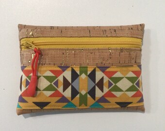 Cork Fabric, Southwestern, Zippered Coin Purse, Pouch, 5" x 3-1/2”