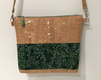 Cork Shoulder Bag, Green Batik Leaves, Cross Body Purse