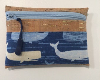 Cork Fabric, Whales, Zippered Coin Purse, Pouch, 5" x 3-1/2”