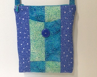 Blue and Green Batiks Shoulder Bag, Handbag, Purse, Zippered, Handmade, 7-1/2” x 9”