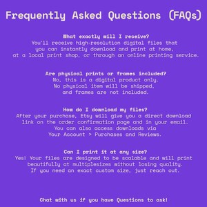 Op de afbeelding: Een paarse afbeelding met de tekst "Frequently Asked Questions (FAQs)". De tekst beantwoordt vragen over digitale bestanden, waaronder wat de koper ontvangt, of fysieke afdrukken zijn inbegrepen, hoe bestanden te downloaden en opties voor afdrukformaten.