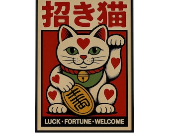 Maneki Neko Lucky Cat Art Print: Retro Japanese Tattoo Style (Digital Download)