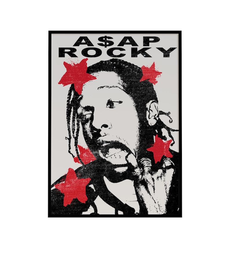 May include: Black and white poster featuring a portrait of A$AP Rocky with red star accents. The text "A$AP ROCKY" is printed at the top. The image is framed in black.