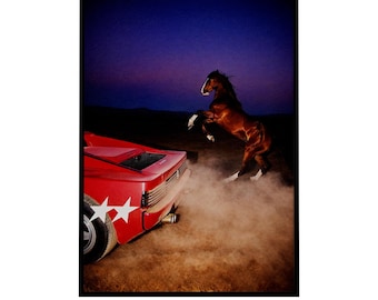 Red Supercar Rearing Horse Wall Art Print | Luxury Automotive Poster (Digital Download)
