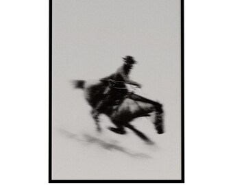 Cowboy Horse Blurry Rodeo Photography Print, Black and White Western Ranch Decor (Digital Download)