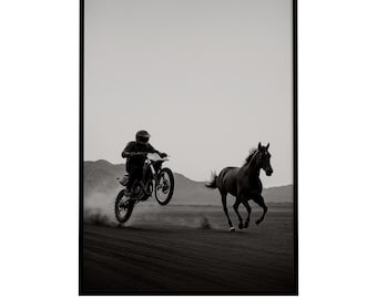 Motorcycle Horse Race Print: Black and White Moto Art (Digital Download