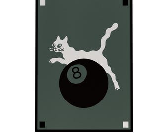 8 Ball Cat Art Print: Retro Billiards Room Decor (Digital Download
