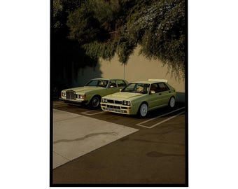 Retro Car Print: Lancia Delta & Rolls Royce - Vintage Automotive Decor (Digital Download)