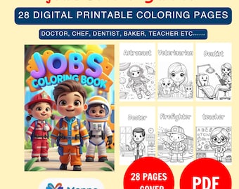 Jobs Coloring Book for Kids – 28 Fun Printable Pages – Learn About Professions –Doctor, Firefighter, Chef + More – Instant PDF Download