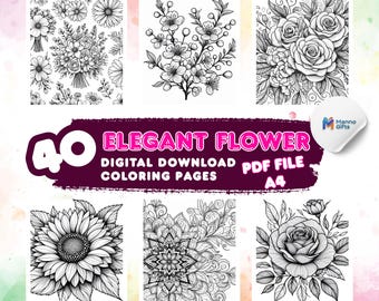 Elegant Flower | 40 Grayscale Pages | Digital Download | A4 |Relaxing Floral Designs for All Ages