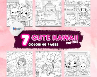 7 Cute Coloring Pages for Kids – Kawaii Girls, Bunny Friends, Rainy Day & Kitchen Fun – Instant Download, 8.5x8.5 in Printable PDF