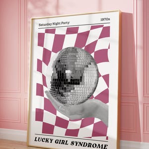Syndrom szczęścia, plakat dyskotekowy, sztuka wózka barowego Preppy, wydruk kuli dyskotekowej, sztuka do druku, dekoracja ścienna retro, wystrój retro z lat 70.