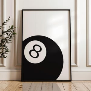 Vintage 8 poolballprint, funky handgetekende muurkunst, trendy barwagenposter, zwart-wit esthetische print voor appartement, digitale download