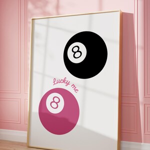 8 poolballprint, funky handgetekende muurkunst, trendy barwagenposter, roze en zwarte esthetische print voor appartement, digitale download