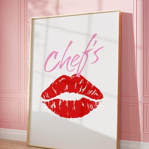 Impresión de beso de chef, impresión de cocina estilo años 70, obra de arte de cocina moderna, regalo para chef, póster de restaurante maximalista, chef con labios, digital