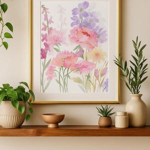 Arte murale ad acquerello - Soft Flower Garden - delicato design botanico per una casa elegante - Stampa di alta qualità realizzata su ordinazione