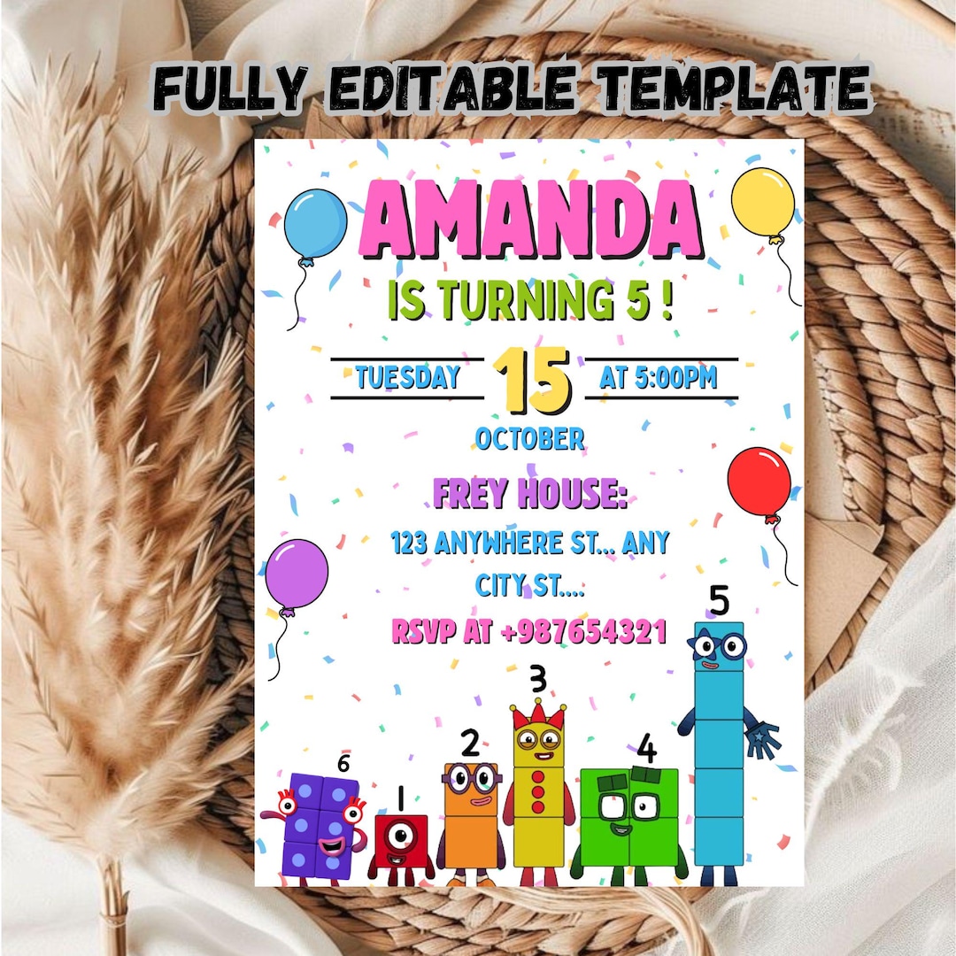 Editable Number Blocks Birthday Party Invitation Template, Digital ...