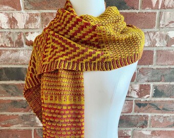 Mosaic Scarf Wrap Hand Knit Red and Gold