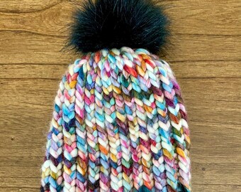 Hand Knit Pompom Beanie Colorful