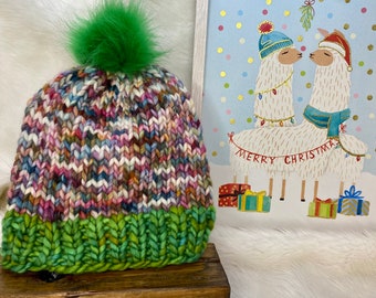 Pompom Beanie Hand Knit Hat Green Multicolor