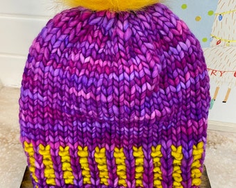 Knit Beanie Hat Pompom Handmade Purple Gold