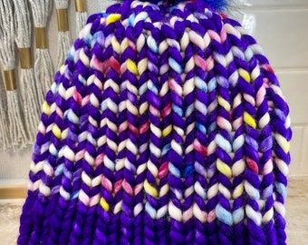 Hand Knit Electric Purple Beanie Pompom Colorful Stripes