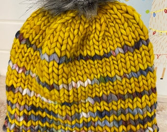 Knit Beanie Hat Pompom Handmade Yellow Stripes