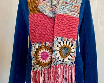 Granny Square Crochet Scarf Sunburst Scrappy Knit Gift for Mom