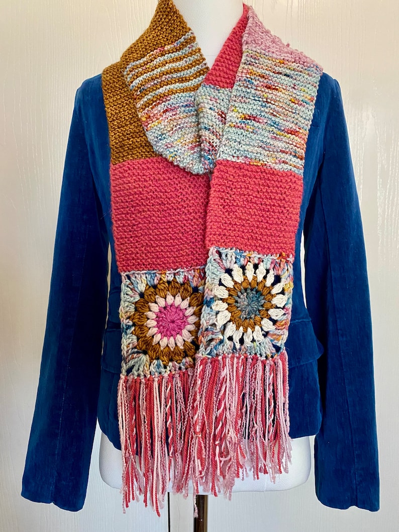 Granny Square Crochet Scarf Sunburst Scrappy Knit Gift for Mom image 1
