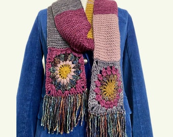 Granny Square Crochet Scarf Sunburst Scrappy Knit Gift for Mom