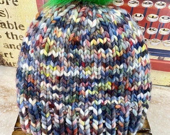 Pompom Beanie Hand Knit Multicolor Green