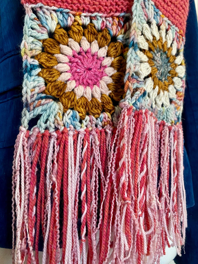 Granny Square Crochet Scarf Sunburst Scrappy Knit Gift for Mom image 4