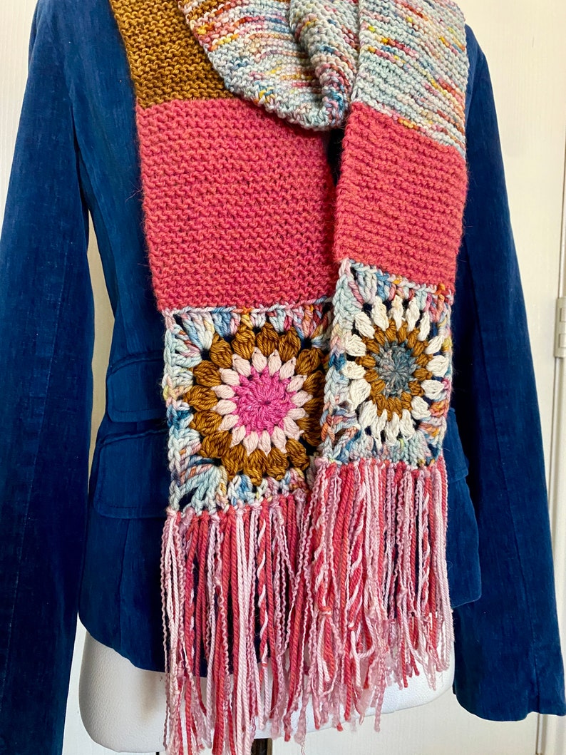 Granny Square Crochet Scarf Sunburst Scrappy Knit Gift for Mom image 5