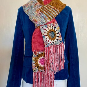 Granny Square Crochet Scarf Sunburst Scrappy Knit Gift for Mom image 2