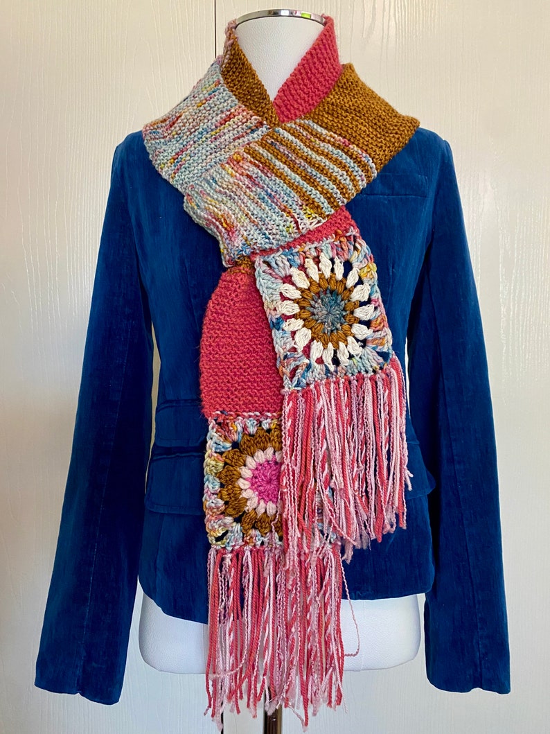 Granny Square Crochet Scarf Sunburst Scrappy Knit Gift for Mom image 2