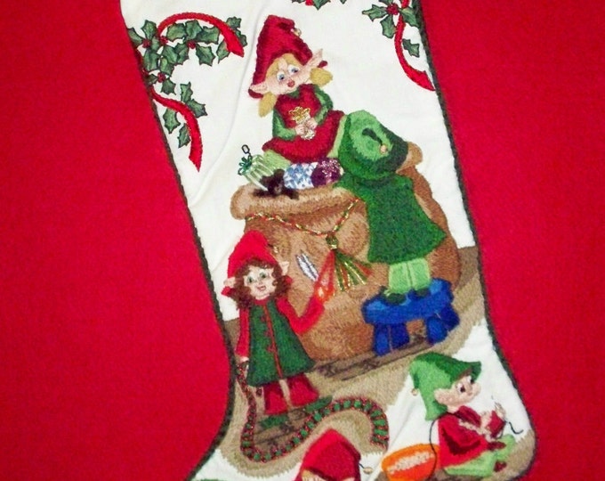 Elves Christmas Stocking Kit - Crewel Stitch Embroidery Heirloom