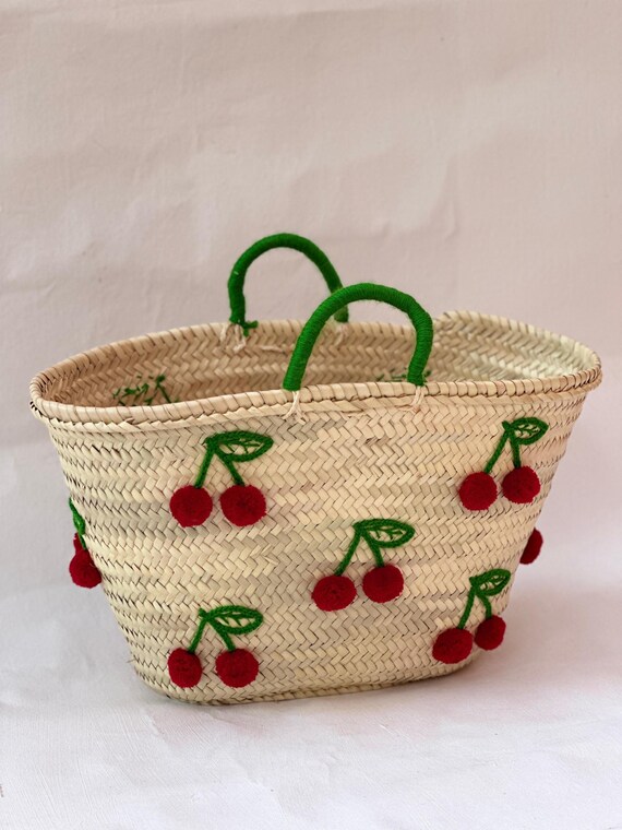 Cherry Straw Bag – Handmade Market Basket With Red Pom-pom  display picture 2