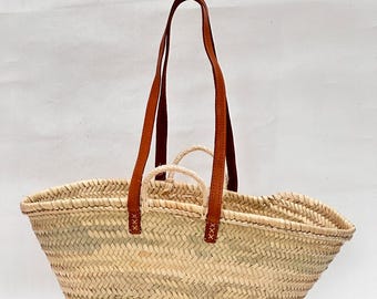 Handmade Straw Tote Bag with Leather Handles – French Market Basket – Boho Summer Beach Bag