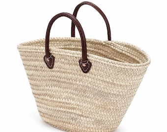Panier osier artisanal anses cuir – Französische Markttasche – Stroh-Einkaufstasche für Hauptsache