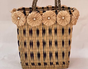 Bolso de paja hecho a mano – Cesta marroquí cuadrada tejida con flores de rafia