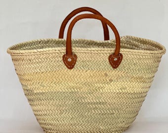Handwoven Moroccan Straw Basket – Large Market Bag with Leather Handles