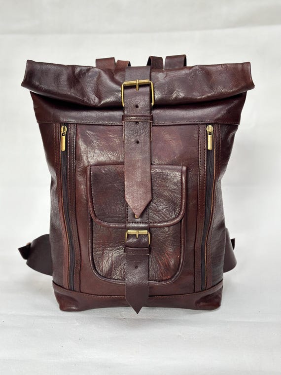 Handmade Goat Leather Rolltop Backpack – Vintage Travel Bag  display picture 1