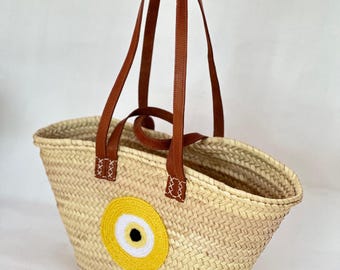 Straw Tote Bag – Moroccan Boho Evil Eye Beach Bag