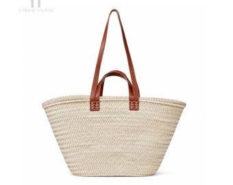Large Moroccan Basket Bag with Double Leather Handles, Handmade Palm Leaf Market Tote