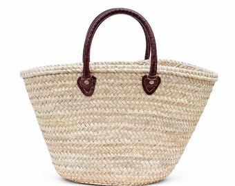 Panier osier artisanal anses cuir – Französische Markttasche – Stroh-Einkaufstasche für Hauptsache