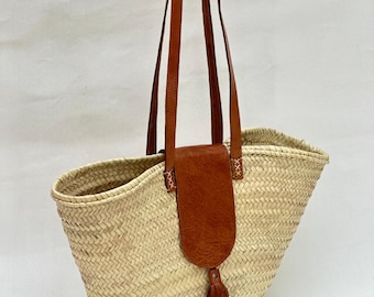 Handmade Woven Straw Market Tote – Moroccan Boho Bag with Leather Handles