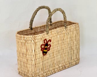 Handmade Raffia Tote – Moroccan Straw Bag with Bee Embroidery