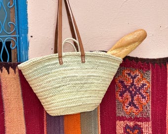 Französischer Korb - Handgefertigte marokkanische Strohtasche mit Ledergriffen - Umweltfreundliche Tasche für Einkauf oder Strand