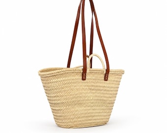 Handmade Straw Tote Bag with Leather Handles – French Market Basket – Boho Summer Beach Bag