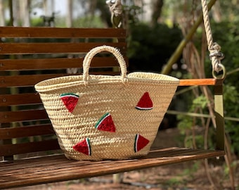 Panier osier pastèque – Watermelon Straw Tote – Sac d'été bohème fait main